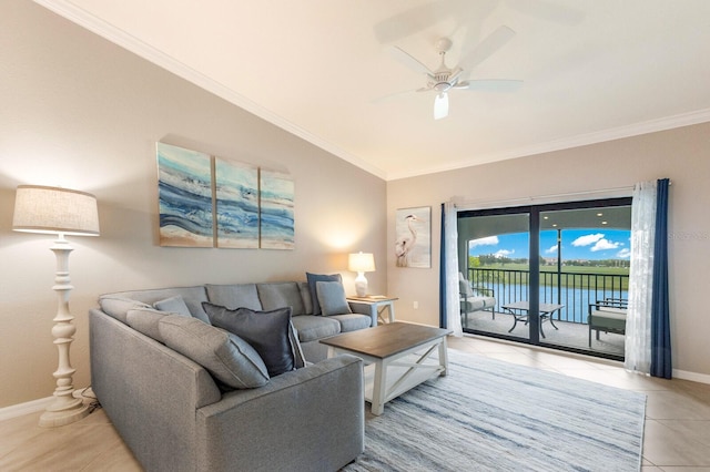 5624 Palmer Cir Unit 206, Bradenton, FL 34211 - tiled living area featuring crown molding, vaulted ceiling, ceiling fan, and a water view