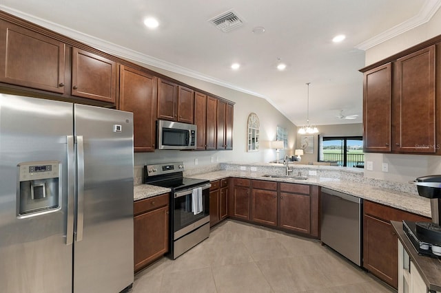 5624 Palmer Cir Unit 206, Bradenton, FL 34211 - kitchen with appliances with stainless steel finishes, ornamental molding, light stone counters, light tile patterned floors, and dark brown cabinets