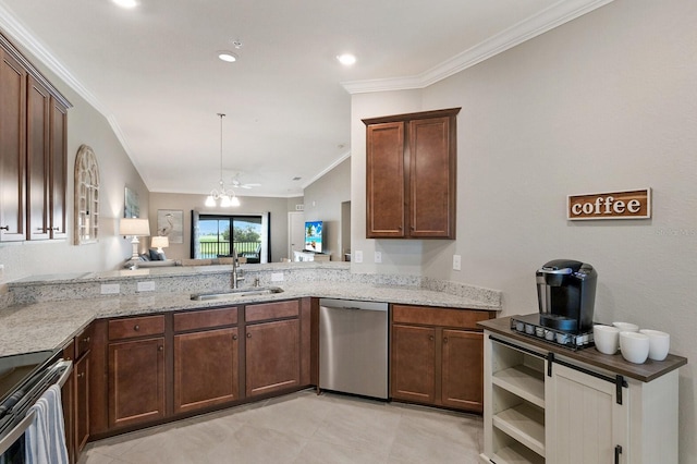 5624 Palmer Cir Unit 206, Bradenton, FL 34211 - kitchen featuring stainless steel dishwasher, ornamental molding, light stone countertops, range with electric stovetop, and pendant lighting