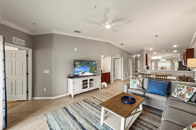 5624 Palmer Cir Unit 206, Bradenton, FL 34211 - living room with ornamental molding, ceiling fan, light tile patterned floors, vaulted ceiling, and a chandelier