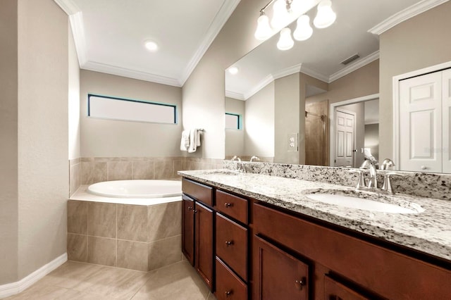 5624 Palmer Cir Unit 206, Bradenton, FL 34211 - full bathroom with a bath, double vanity, ornamental molding, and tile patterned flooring