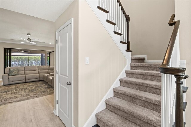 8272 Summer Night Rd, Sarasota, FL 34241 - stairs featuring wood finished floors, a ceiling fan, baseboards, and ornamental molding