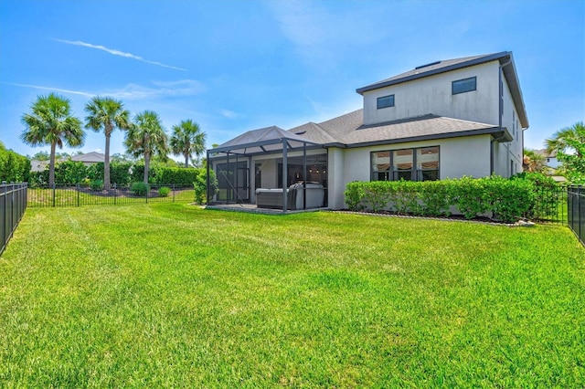 8272 Summer Night Rd, Sarasota, FL 34241 - rear view of house featuring stucco siding, a lanai, a hot tub, and roof with shingles