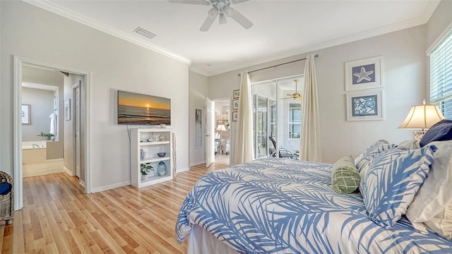 4220 Miriana Way, Sarasota, FL 34233 - bedroom with access to exterior, light wood-style floors, ornamental molding, baseboards, and ceiling fan