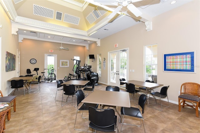 4220 Miriana Way, Sarasota, FL 34233 - dining space with a ceiling fan, a high ceiling, healthy amount of natural light, baseboards, and recessed lighting