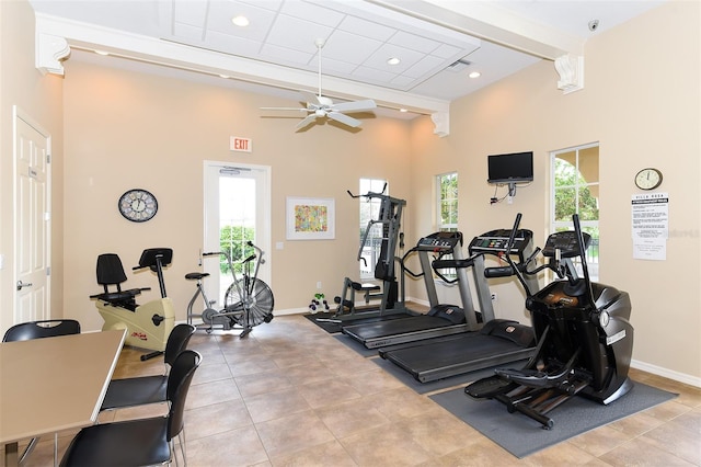 4220 Miriana Way, Sarasota, FL 34233 - exercise room with baseboards, a ceiling fan, beam ceiling, recessed lighting, and a towering ceiling
