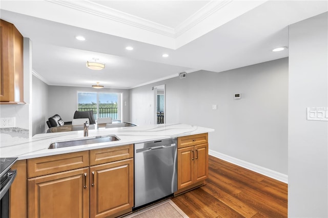 9393 Midnight Pass Rd Unit 603, Sarasota, FL 34242 - kitchen with stainless steel dishwasher, a sink, crown molding, dark wood finished floors, and recessed lighting