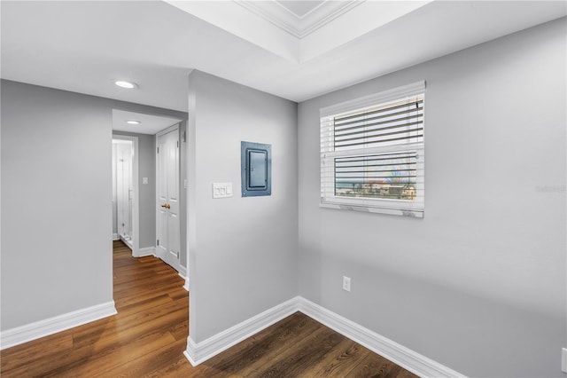9393 Midnight Pass Rd Unit 603, Sarasota, FL 34242 - hall featuring electric panel, recessed lighting, baseboards, crown molding, and dark wood-type flooring
