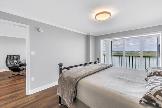 9393 Midnight Pass Rd Unit 603, Sarasota, FL 34242 - bedroom featuring baseboards, wood finished floors, access to outside, a water view, and crown molding