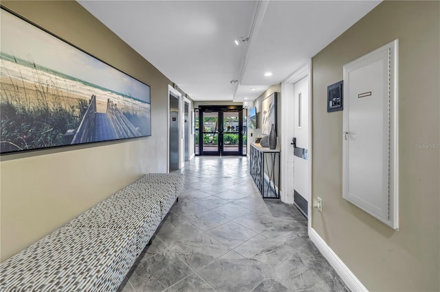 9393 Midnight Pass Rd Unit 603, Sarasota, FL 34242 - hall featuring french doors, baseboards, and recessed lighting