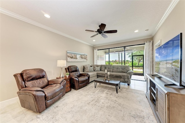 13711 Messina Loop Unit 102, Lakewood Ranch, FL 34211 - living area featuring light tile patterned flooring, crown molding, a ceiling fan, and recessed lighting