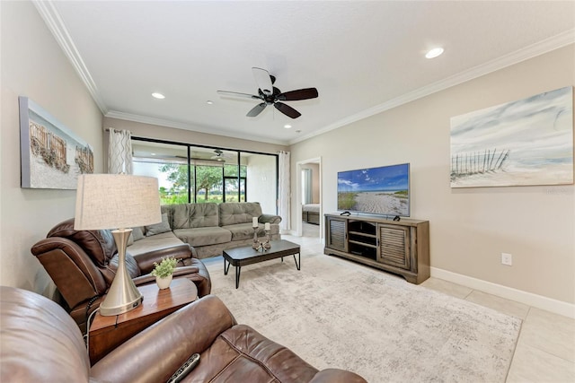13711 Messina Loop Unit 102, Lakewood Ranch, FL 34211 - tiled living area featuring a ceiling fan, ornamental molding, baseboards, and recessed lighting