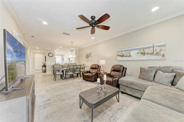 13711 Messina Loop Unit 102, Lakewood Ranch, FL 34211 - living area with a ceiling fan, recessed lighting, ornamental molding, and light tile patterned floors
