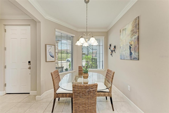 13711 Messina Loop Unit 102, Lakewood Ranch, FL 34211 - dining area with a chandelier, crown molding, light tile patterned floors, and baseboards
