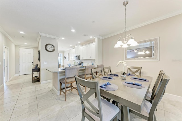 13711 Messina Loop Unit 102, Lakewood Ranch, FL 34211 - dining area featuring crown molding, light tile patterned floors, a chandelier, baseboards, and recessed lighting