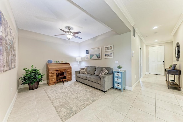 13711 Messina Loop Unit 102, Lakewood Ranch, FL 34211 - living room with light tile patterned floors, ceiling fan, crown molding, baseboards, and recessed lighting