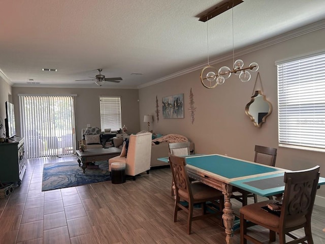 9808 Campanula Ct, Land O Lakes, FL 34637 - dining room with ceiling fan, crown molding, a textured ceiling, and wood finished floors