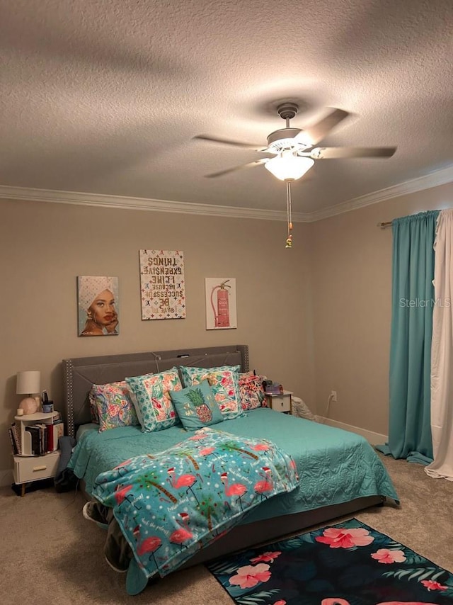 9808 Campanula Ct, Land O Lakes, FL 34637 - carpeted bedroom with ornamental molding, a textured ceiling, ceiling fan, and baseboards