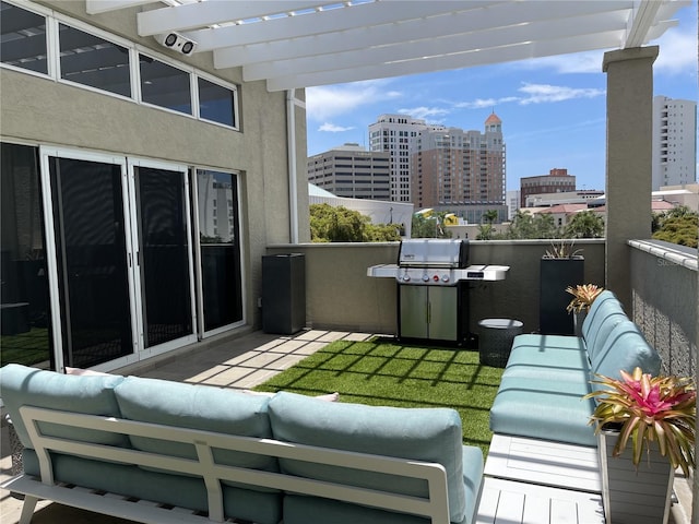 1345 2nd St, Sarasota, FL 34236 - balcony with an outdoor living space, a view of city, a pergola, and grilling area