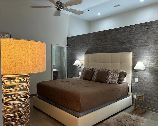 1345 2nd St, Sarasota, FL 34236 - bedroom featuring tile patterned floors, recessed lighting, and a towering ceiling