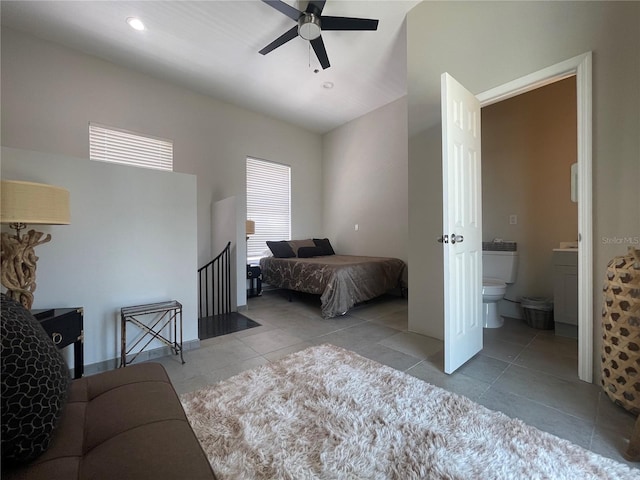 1345 2nd St, Sarasota, FL 34236 - tiled bedroom with connected bathroom, recessed lighting, and a ceiling fan