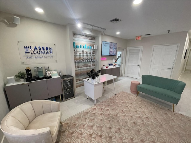 1345 2nd St, Sarasota, FL 34236 - office area with track lighting, recessed lighting, light wood-type flooring, and beverage cooler