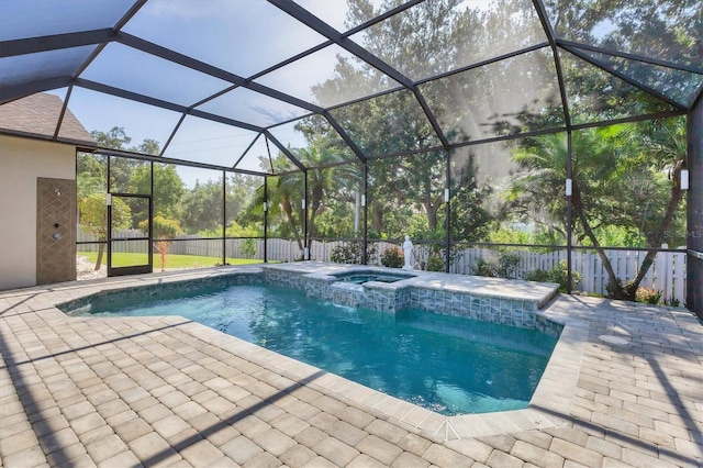 9016 30th St E, Parrish, FL 34219 - view of swimming pool featuring a fenced backyard, a patio, a pool with connected hot tub, and glass enclosure