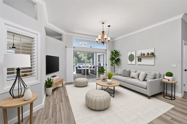 9016 30th St E, Parrish, FL 34219 - living area with light wood-style floors, crown molding, a chandelier, and baseboards