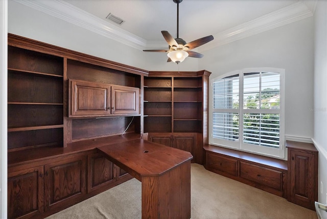 9016 30th St E, Parrish, FL 34219 - unfurnished office featuring ornamental molding, ceiling fan, light colored carpet, and built in study area