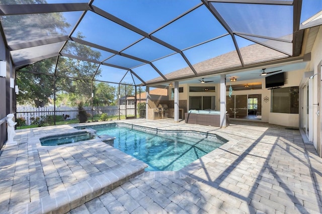 9016 30th St E, Parrish, FL 34219 - view of swimming pool featuring a ceiling fan, a patio, a fenced backyard, an outdoor hangout area, and glass enclosure