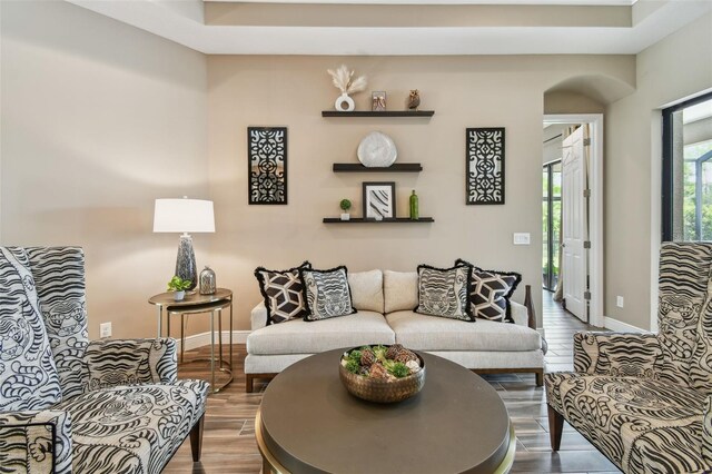 16246 26th St E, Parrish, FL 34219 - living room with baseboards, wood finished floors, and arched walkways