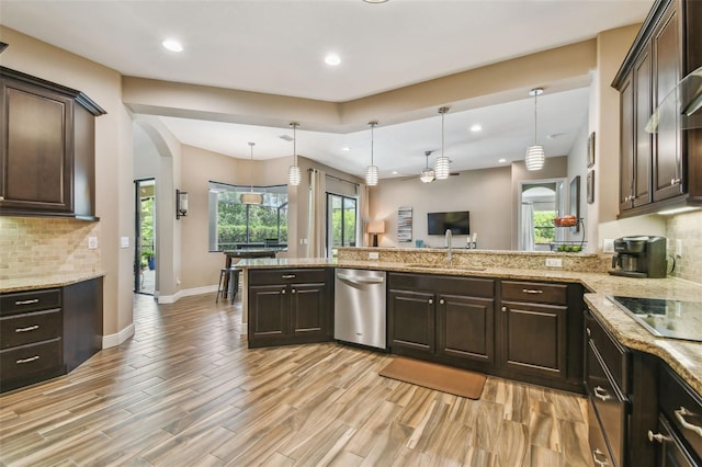 16246 26th St E, Parrish, FL 34219 - kitchen with dishwasher, a sink, dark brown cabinetry, backsplash, and recessed lighting