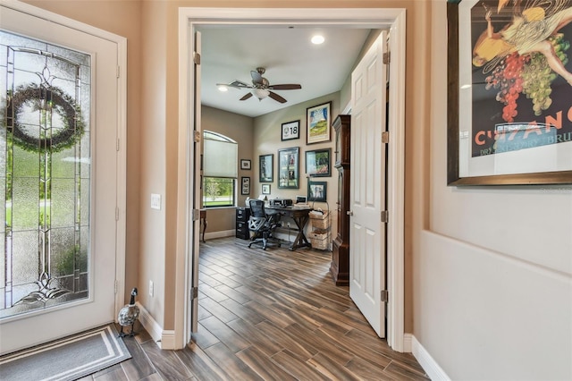 16246 26th St E, Parrish, FL 34219 - entryway with baseboards, dark wood-style floors, a ceiling fan, and recessed lighting