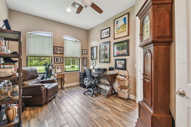 16246 26th St E, Parrish, FL 34219 - home office with a ceiling fan, baseboards, light wood finished floors, and recessed lighting