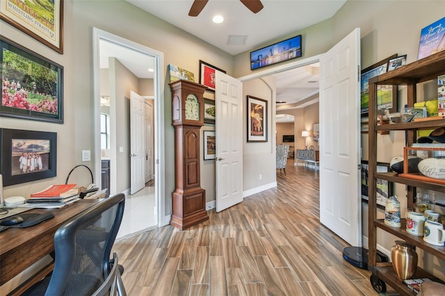 16246 26th St E, Parrish, FL 34219 - office space with a ceiling fan, wood finished floors, recessed lighting, and baseboards