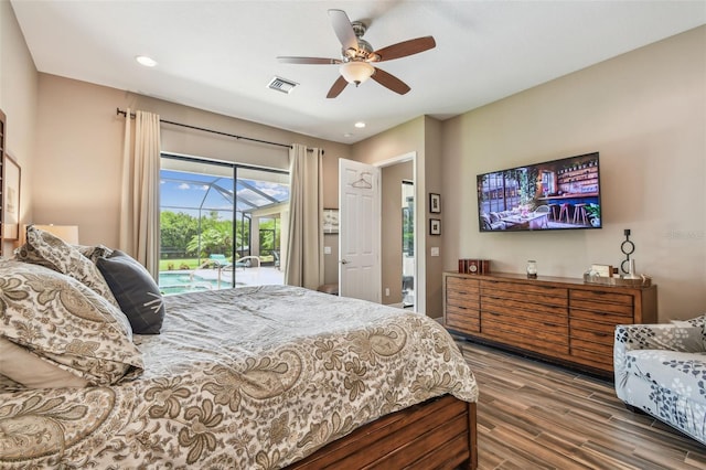16246 26th St E, Parrish, FL 34219 - bedroom featuring access to exterior, wood finished floors, recessed lighting, and a ceiling fan