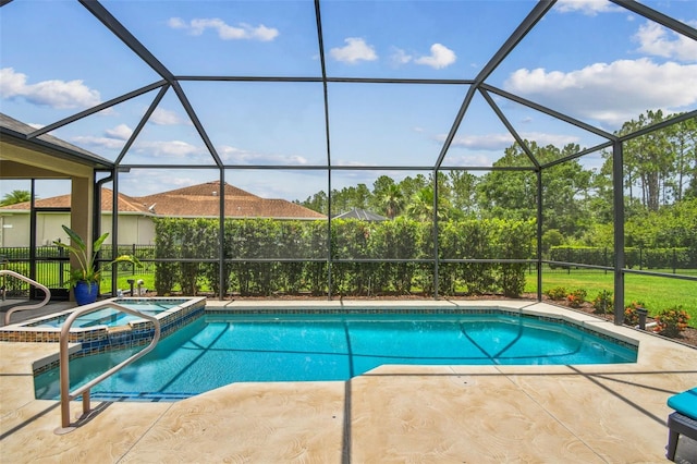 16246 26th St E, Parrish, FL 34219 - view of pool featuring a patio, a pool with connected hot tub, and glass enclosure