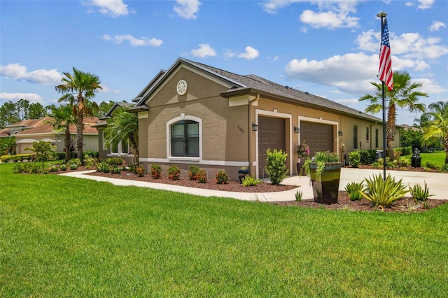 16246 26th St E, Parrish, FL 34219 - single story home with an attached garage, stucco siding, concrete driveway, and a front lawn