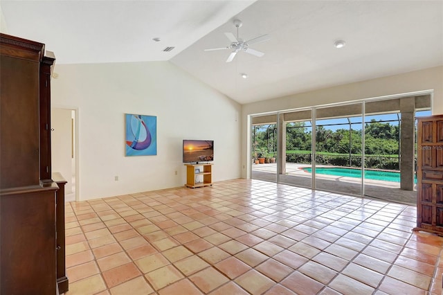 3388 Highlands Bridge Rd, Sarasota, FL 34235 - unfurnished living room with a ceiling fan, light tile patterned floors, and high vaulted ceiling