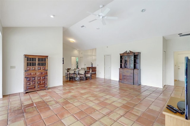 3388 Highlands Bridge Rd, Sarasota, FL 34235 - living room featuring ceiling fan and high vaulted ceiling