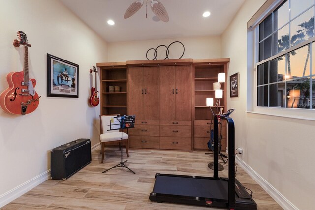 801 3rd St E, Palmetto, FL 34221 - workout area with ceiling fan, light wood-type flooring, baseboards, and recessed lighting