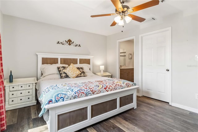 4061 Crockers Lake Blvd Unit 27, Sarasota, FL 34238 - bedroom featuring wood finished floors, baseboards, ensuite bathroom, and a ceiling fan