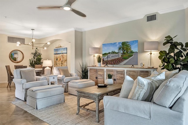 5843 Wake Forest Run Unit 104, Bradenton, FL 34211 - living area with ornamental molding, a chandelier, a ceiling fan, and baseboards