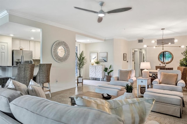 5843 Wake Forest Run Unit 104, Bradenton, FL 34211 - living area with ornamental molding, a ceiling fan, and baseboards