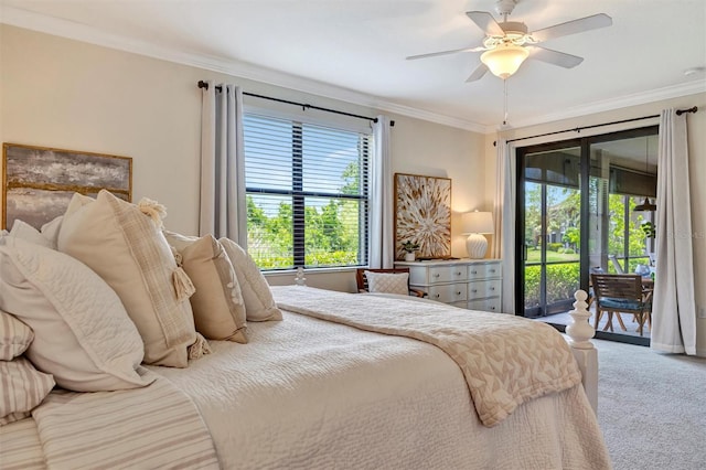 5843 Wake Forest Run Unit 104, Bradenton, FL 34211 - carpeted bedroom featuring access to exterior, multiple windows, ornamental molding, and a ceiling fan