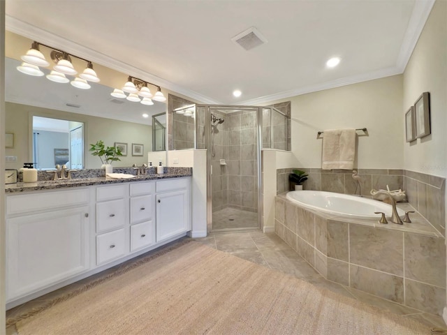 5843 Wake Forest Run Unit 104, Bradenton, FL 34211 - bathroom with double vanity, a garden tub, a stall shower, ornamental molding, and recessed lighting
