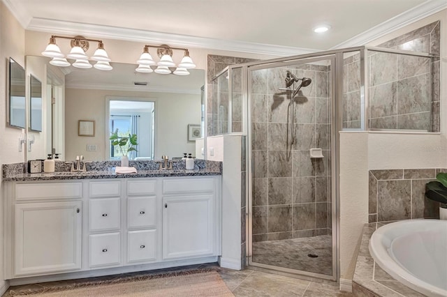 5843 Wake Forest Run Unit 104, Bradenton, FL 34211 - bathroom featuring ornamental molding, a shower stall, a bath, double vanity, and a chandelier