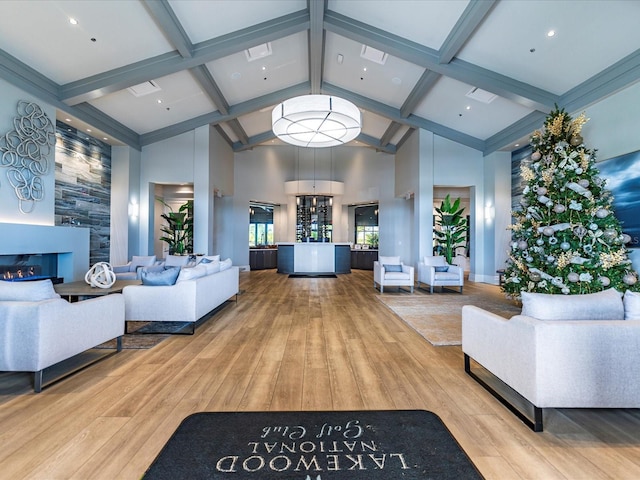 5843 Wake Forest Run Unit 104, Bradenton, FL 34211 - common area with high vaulted ceiling and beam ceiling