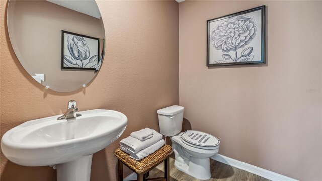 5046 Rocky Coast Pl, Palmetto, FL 34221 - bathroom with toilet, wood finished floors, a sink, and baseboards