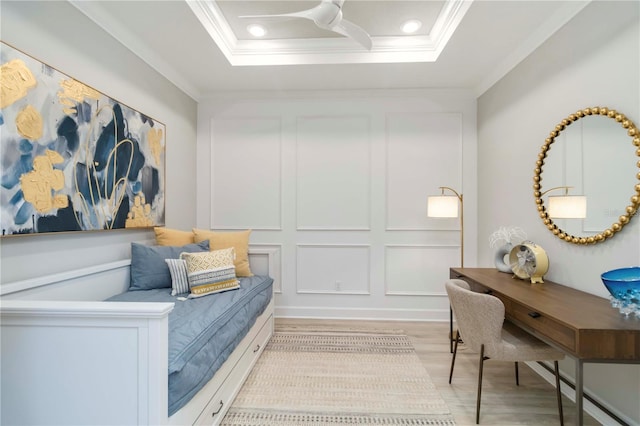 15752 Sacile Ln, Bradenton, FL 34211 - office area with ornamental molding, light wood-style flooring, a decorative wall, and ceiling fan